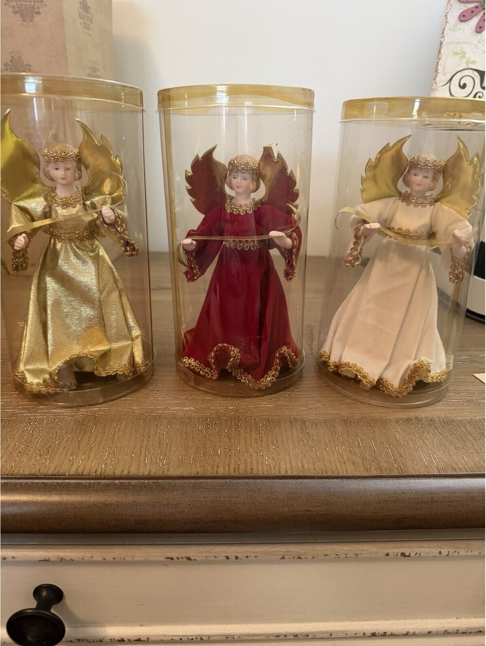 3pc Angel Christmas Figurines Multicolor Fabric/Plastic in Clear Display Tubes